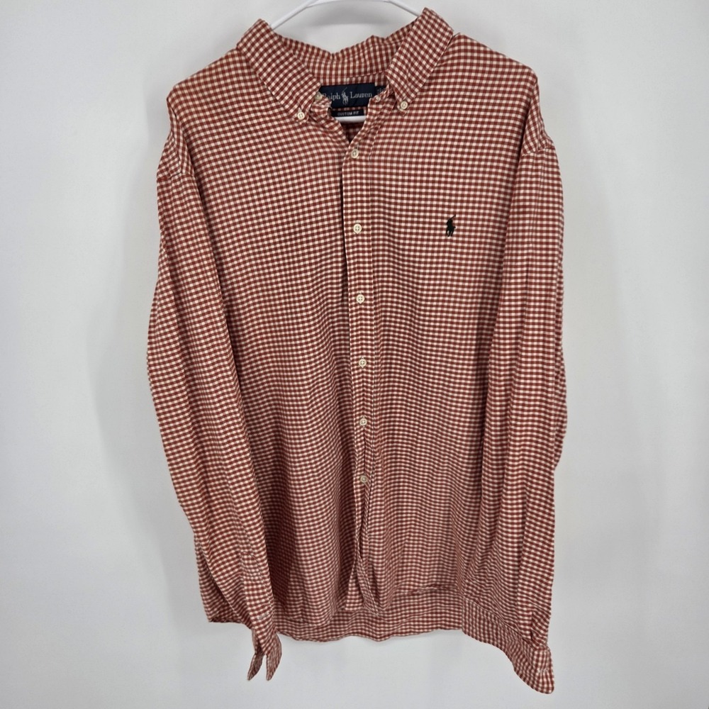 Ralph Lauren Mens Shirt Custom Fit‎ Red White Gingham Plaid XXL 100% Cotton